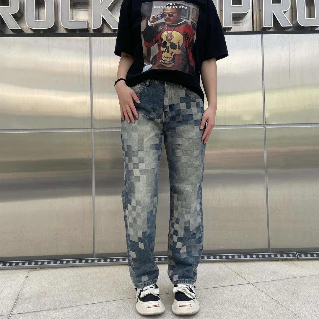 【格子弯刀牛仔】复古美式休闲百搭原牛大码原创高街设计宽松长裤