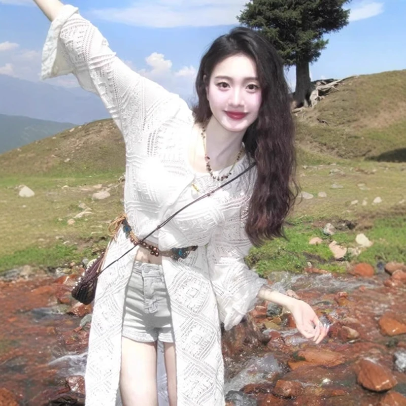 波西米亚镂空防晒罩衫薄款女度假风吊带外搭披肩中长款针织开衫夏