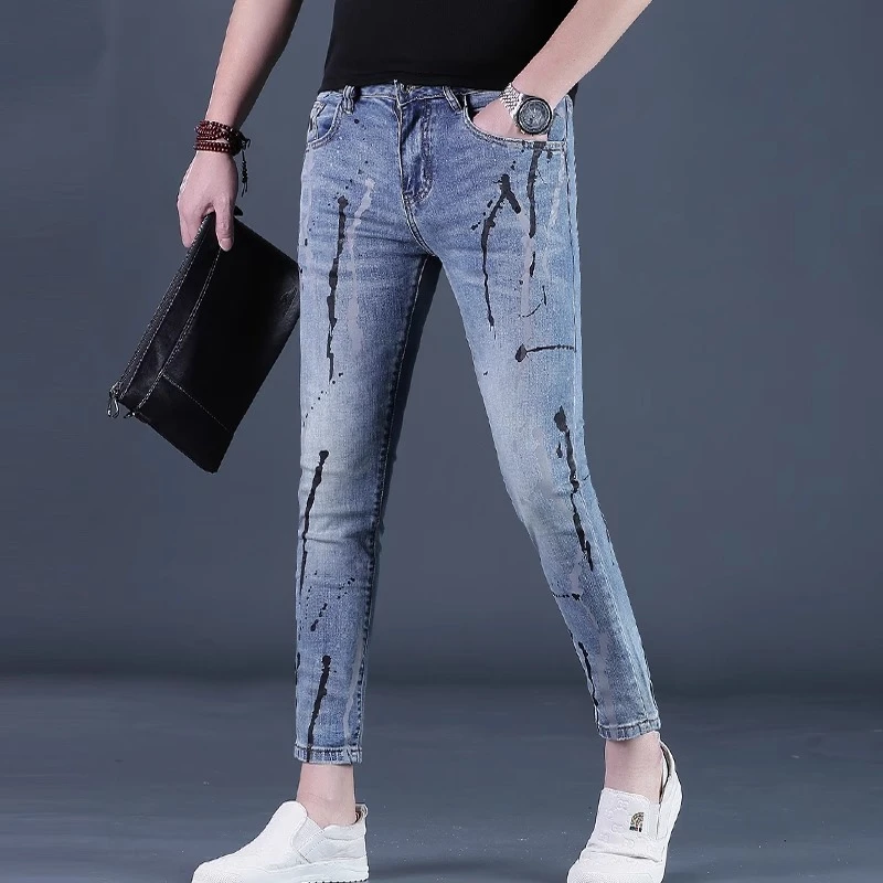 Cebrodz九分裤男士牛仔裤潮牌印花修身小脚夏季新款9分男裤子2025