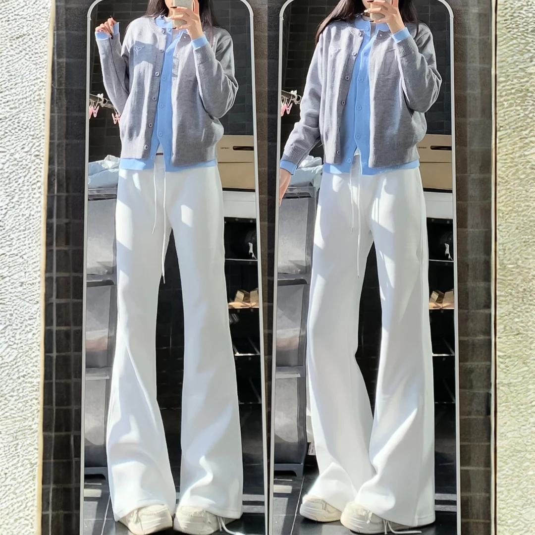 美式白色微喇运动阔腿裤女秋季2025新款小个子高腰宽松显瘦喇叭裤