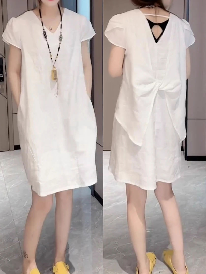 2025年夏季薄款轻奢时尚蝴蝶结荷花袖棉麻宽松白色显瘦洋气连衣裙