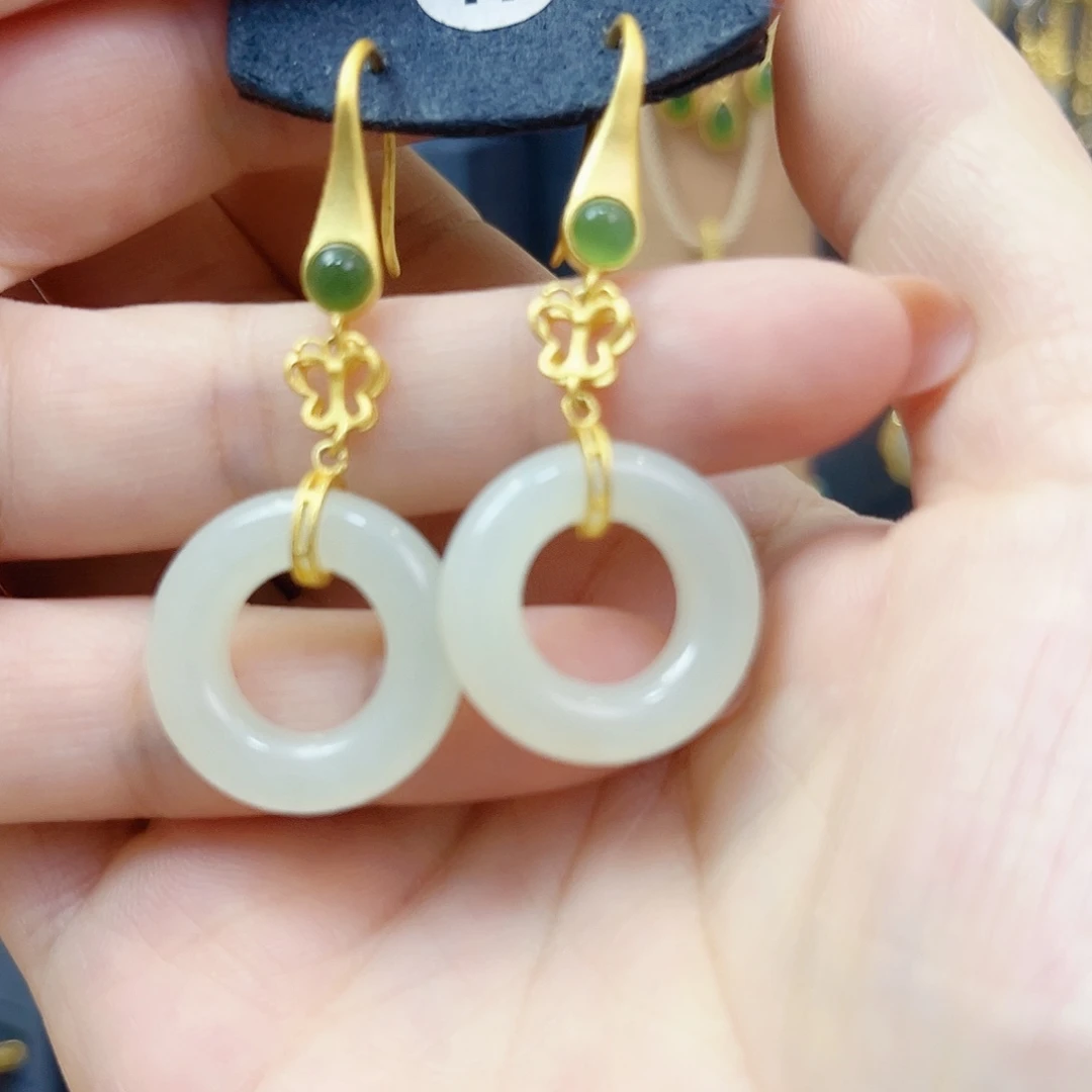 和田玉银S925镀金镶嵌耳饰