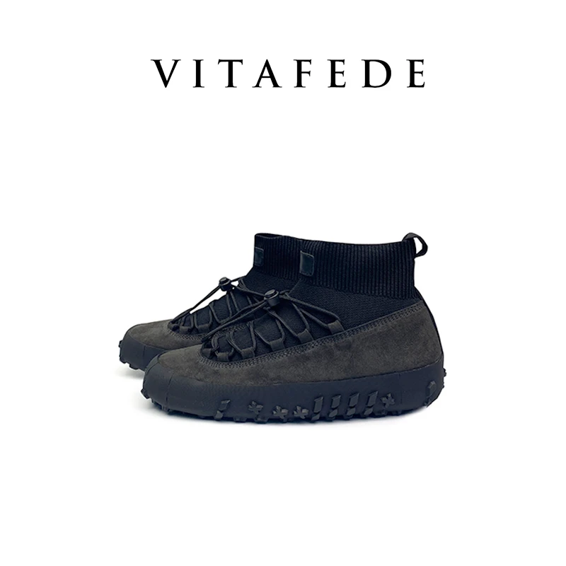 VITAFEDE针织拼接皮革时尚舒适厚底女鞋休闲鞋高帮黑色