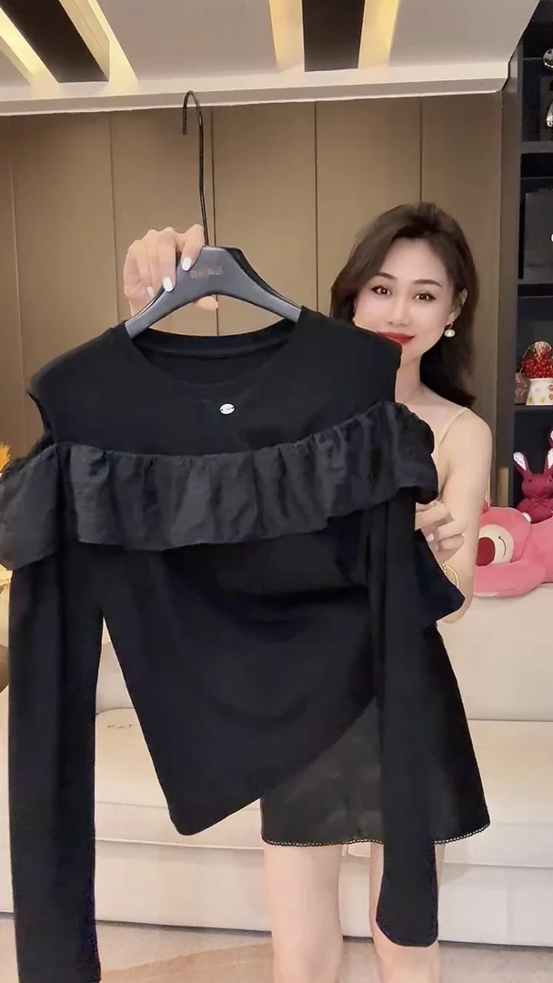 秋季新款圆领拼接荷叶边设计感长袖镂空T恤女欧货复古高级感上衣