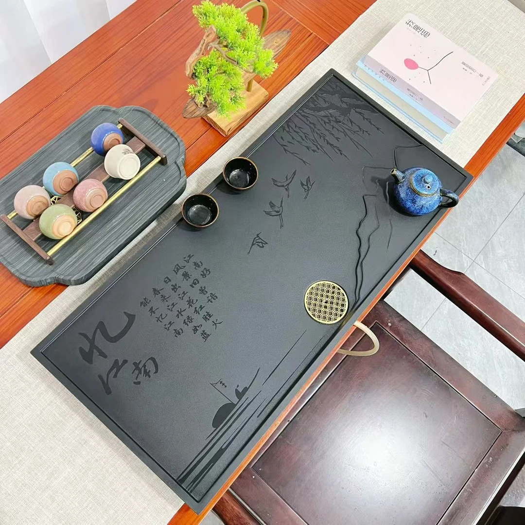 【新江南】新款江南乌金石茶盘简约立体浮雕家用办公直排下水茶盘