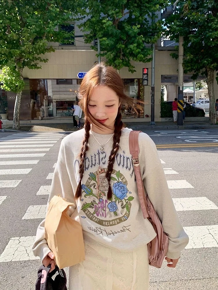 喜柿-【蓝色玫瑰】韩单毛圈彩色印花长袖圆领卫衣早春款24337