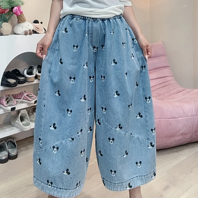 572韩版新款夏季米奇印花宽松大版八分女牛仔裤显瘦百搭