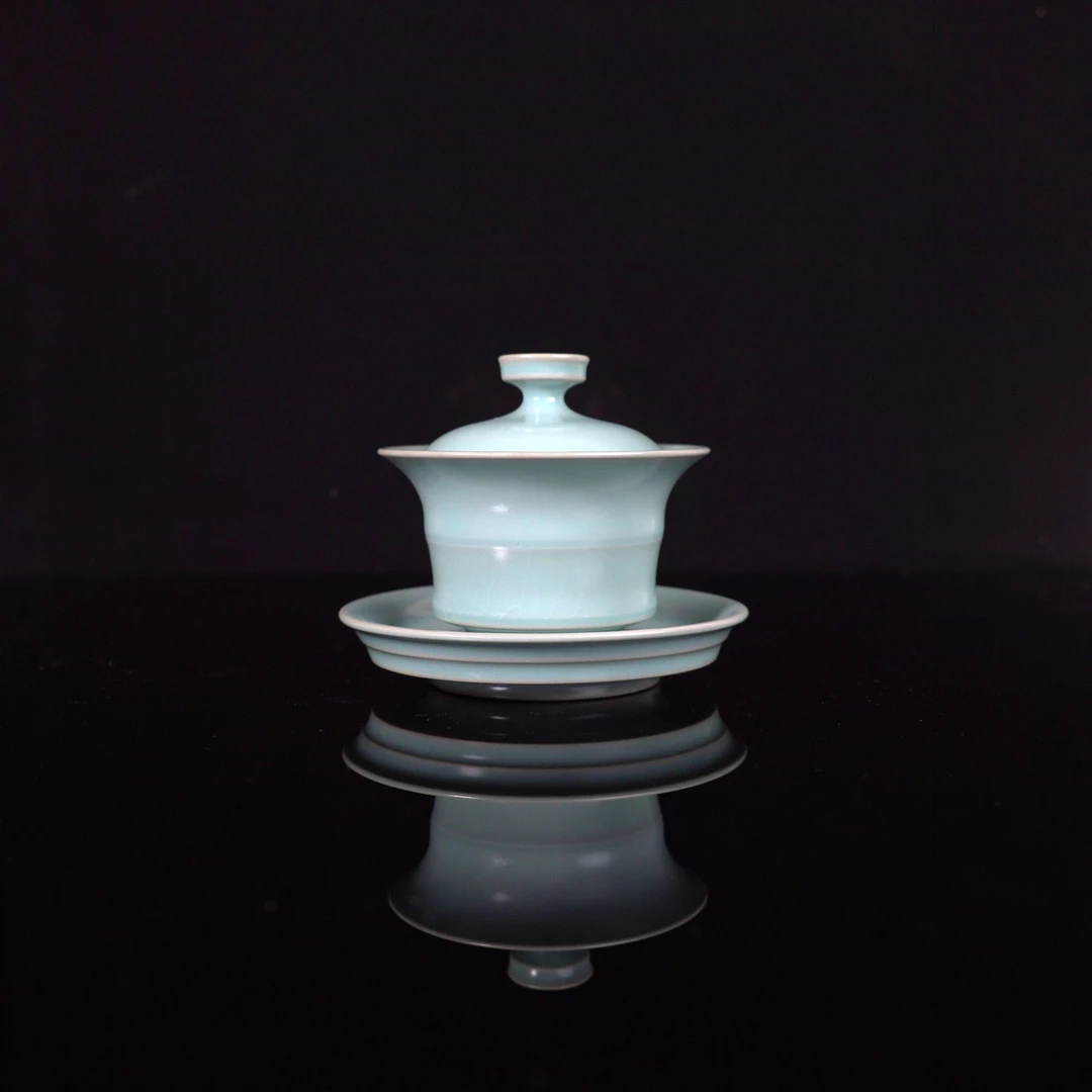 仿古天青釉白瓷汝瓷竹节盖碗瓷盖碗陶瓷适合家用功夫茶具泡茶