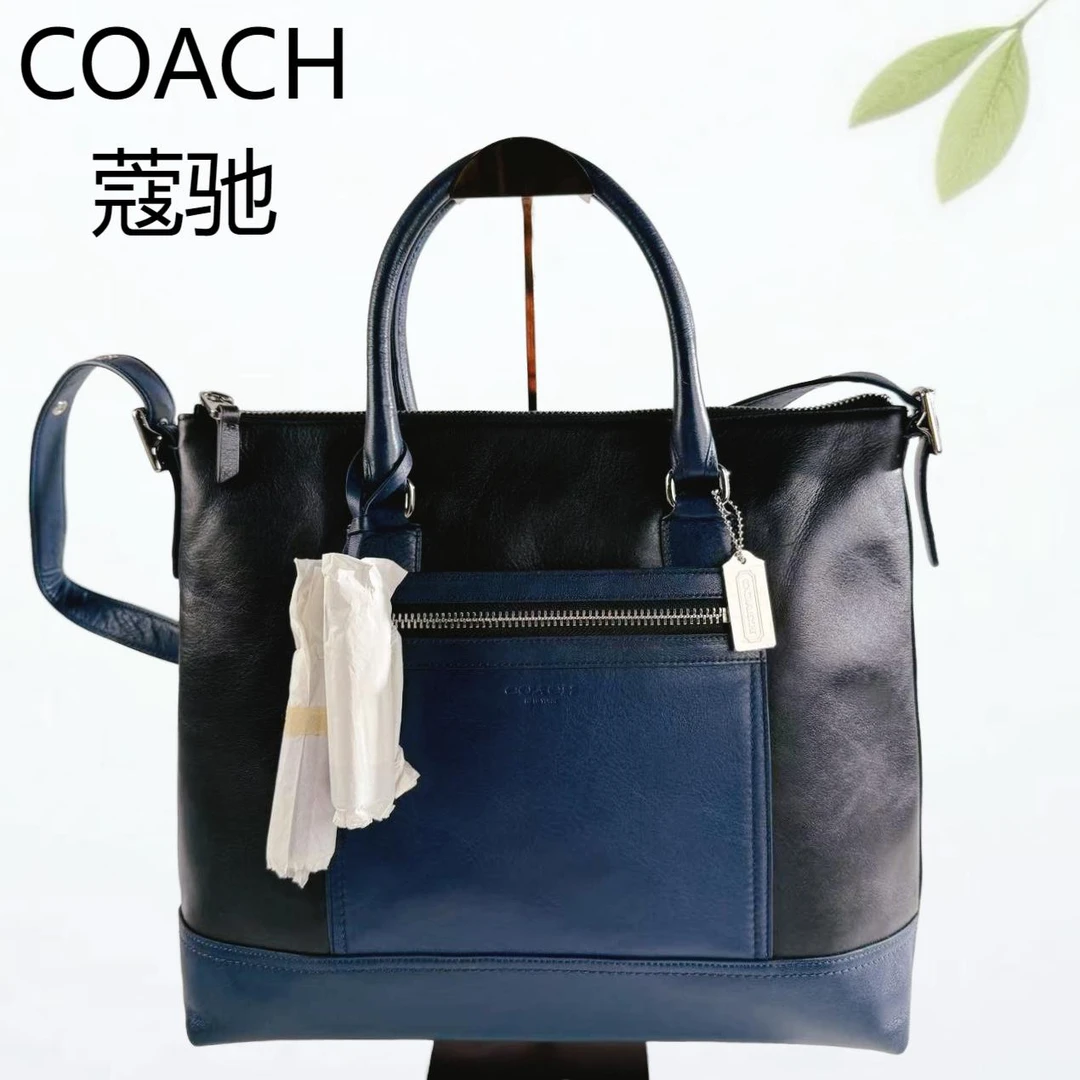 95新 COACH/蔻驰 蓝黑拼色手提斜挎包G25703538底长36X32