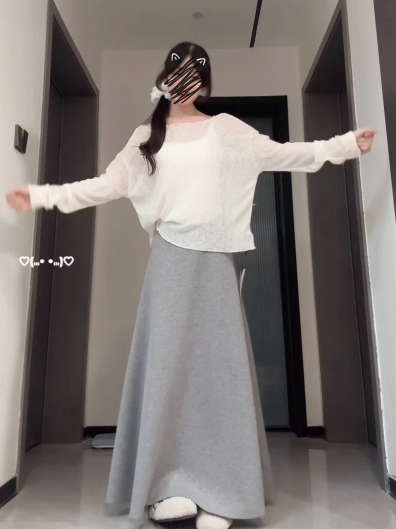 2025高腰灰色半身裙长款女垂感百搭慵懒显瘦果冻空气层空气裙