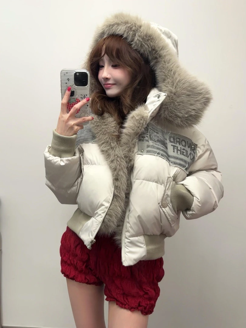 大毛领连帽棉衣外套女冬季2025新款小个子高级感加厚毛毛棉服上衣