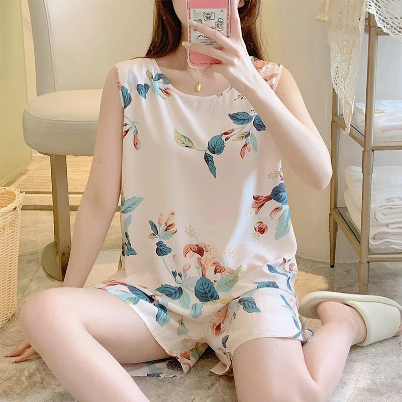 棉绸睡衣女夏薄款宽松无袖人造棉家居服可外穿学生绵绸套装加大码