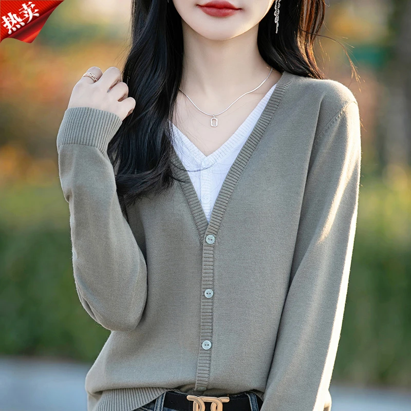 哥弟阿玛施正品新款通勤百搭拼色假两件开衫针织衫女士上衣薄款