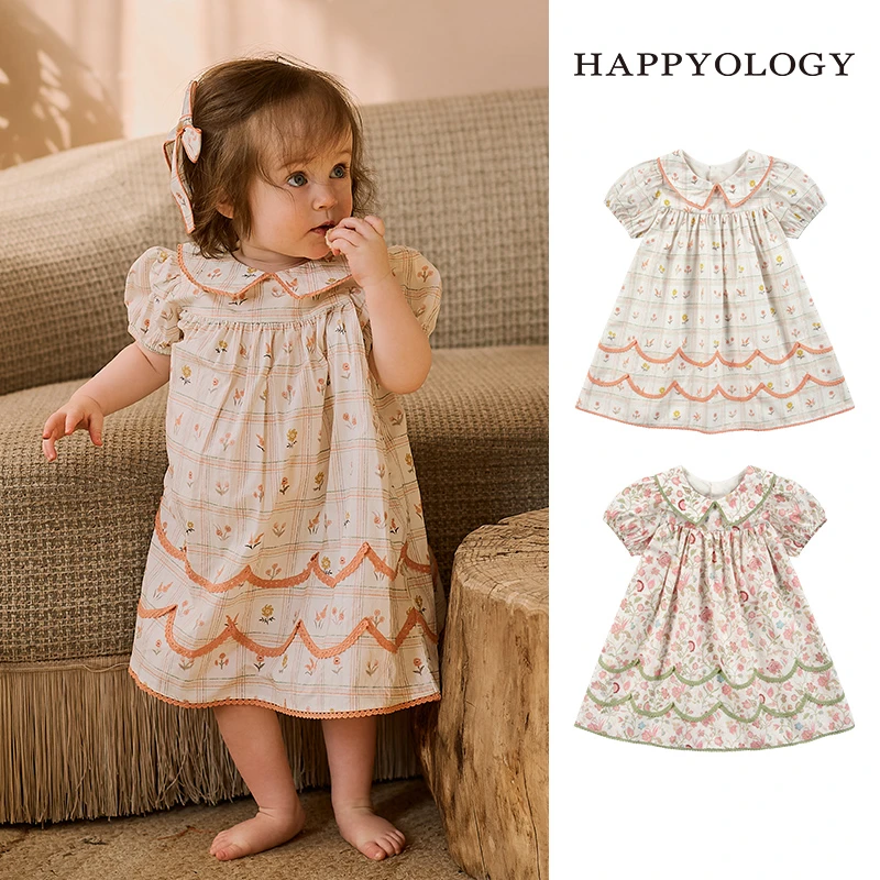 Happyology英国儿童春夏新款童装翻领裙子波浪花边短袖女童连衣裙