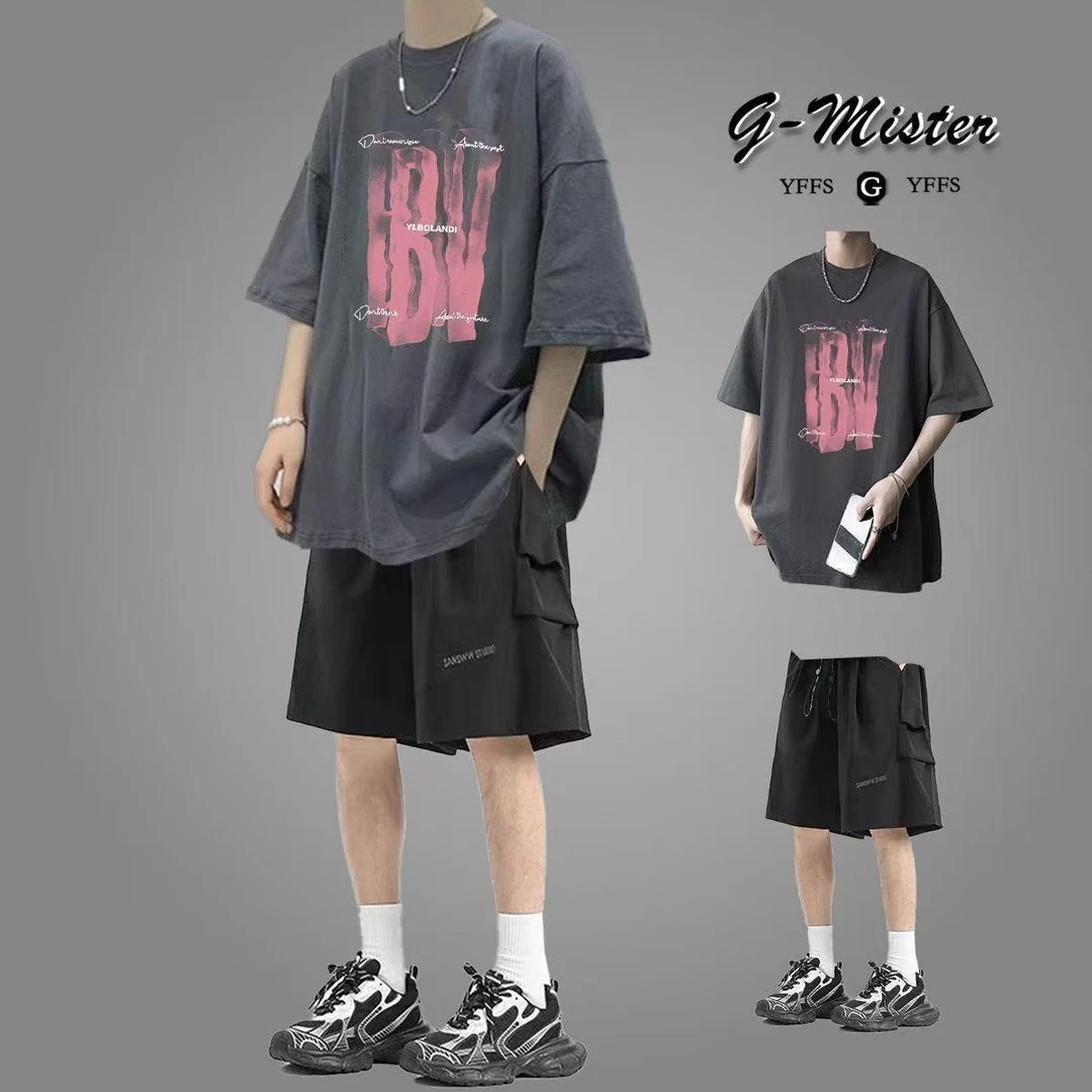 夏季休闲套装男短袖t潮搭港风宽松帅气两件套学生男五分工装短裤