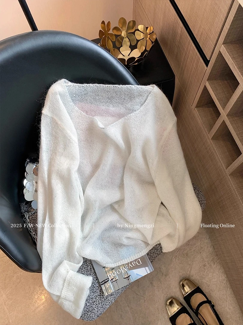 慵懒风白色细闪马海毛毛衣女2025早秋新款气质简约软糯减龄针织衫