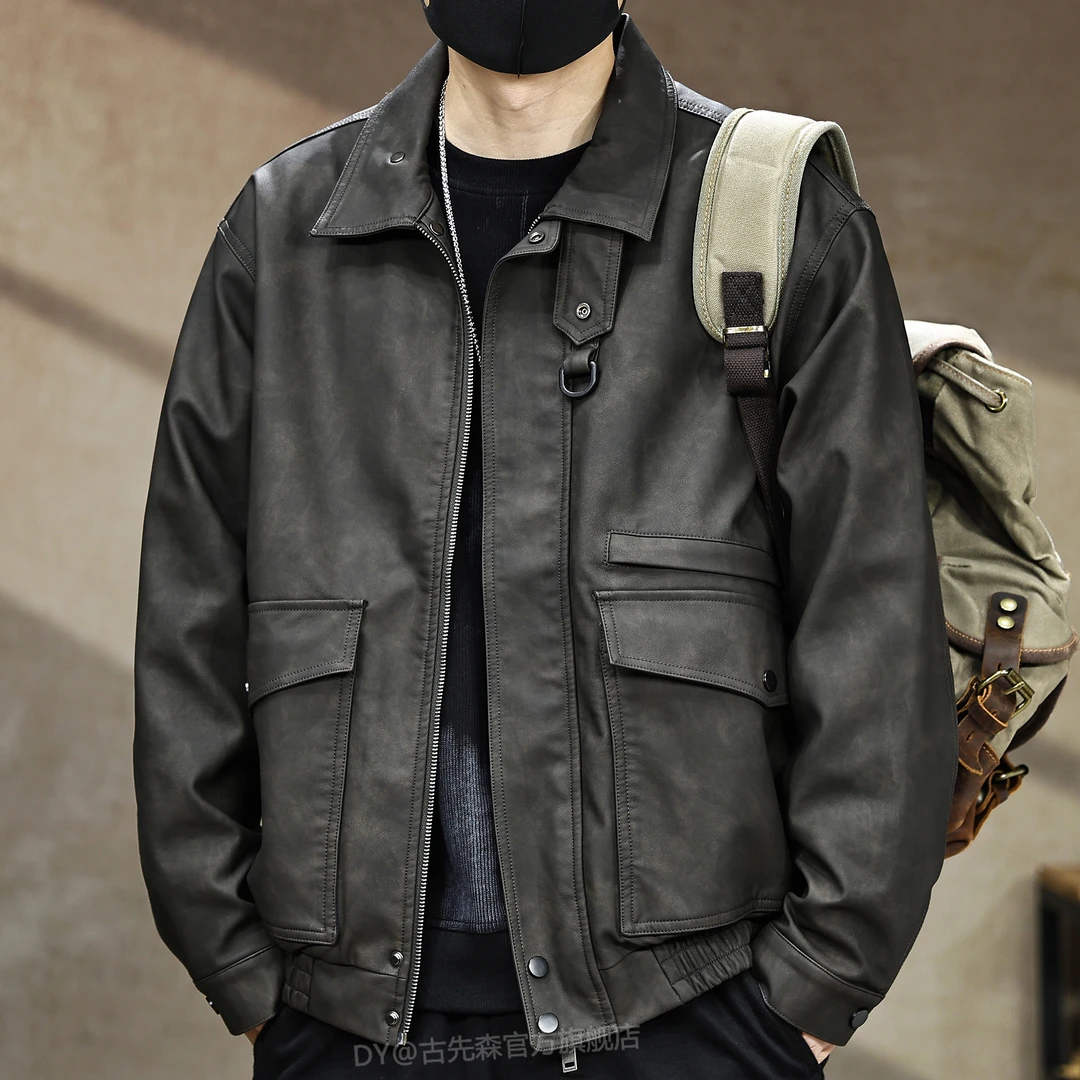 美式高端复古皮夹克男秋季多口袋PU皮衣外套休闲潮流机车痞帅上衣