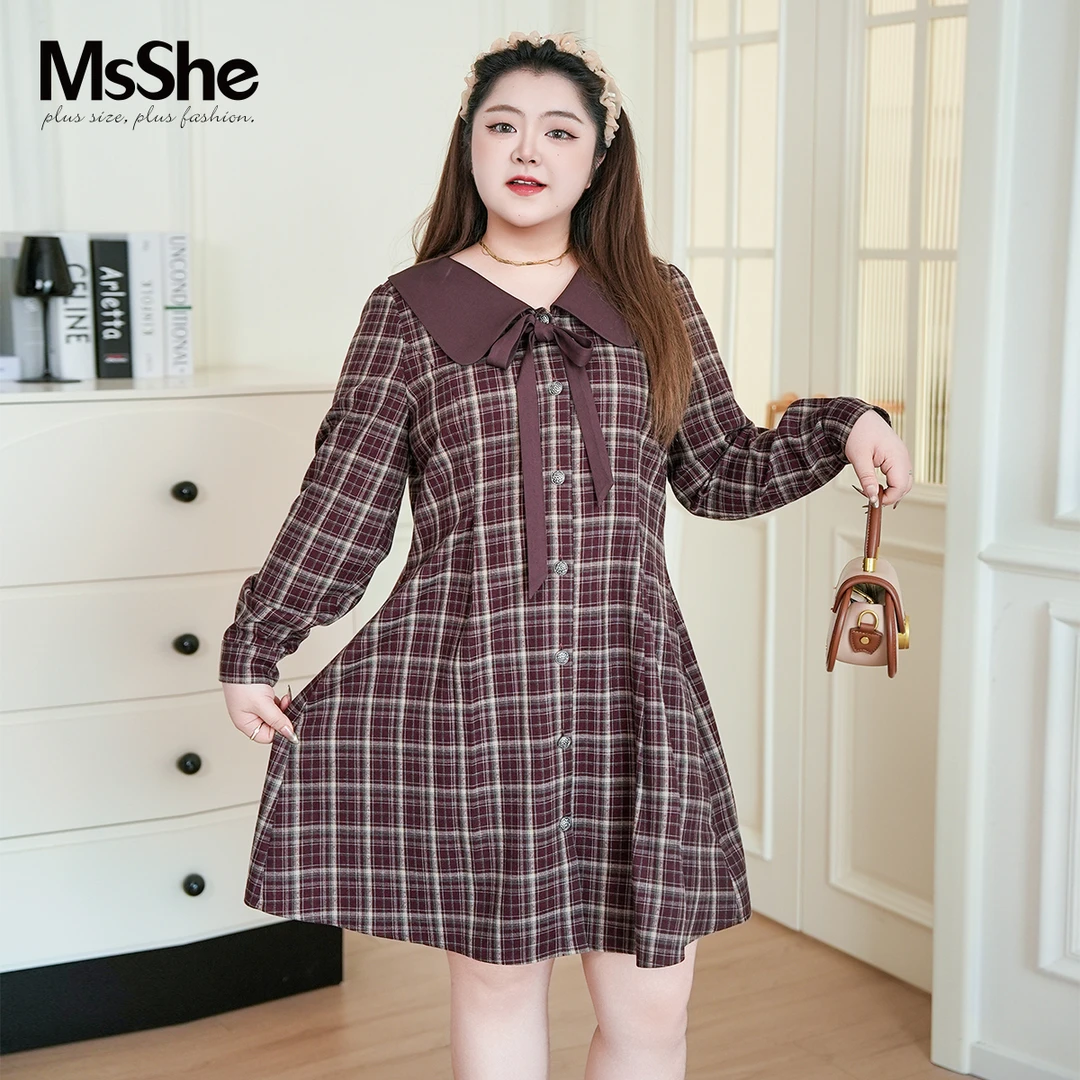 【琥珀流光】MsShe大码女装2025新款秋冬磨毛格子连衣裙D~F2509006