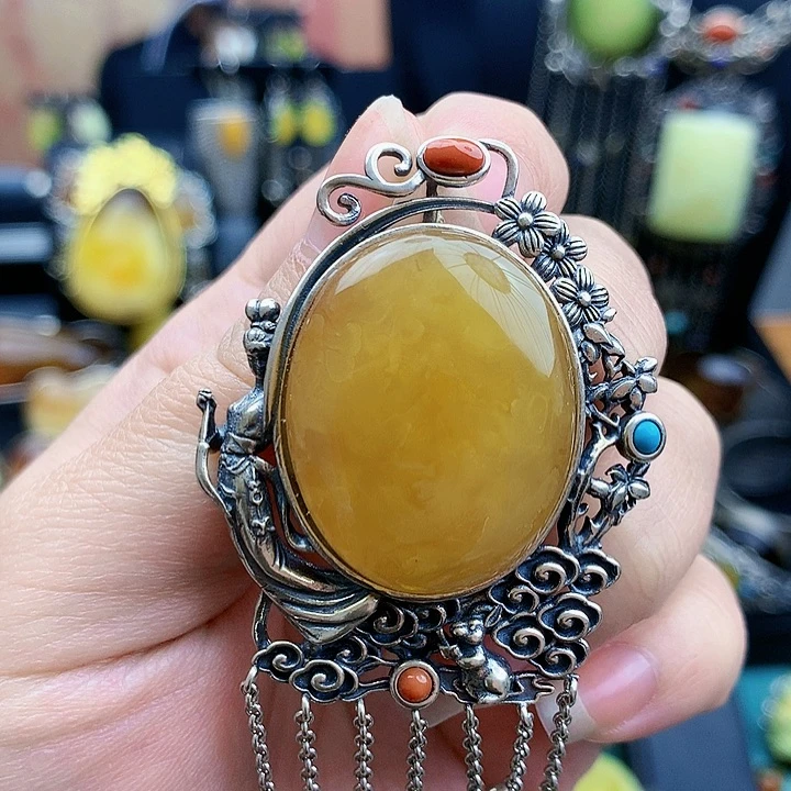 琥珀裸石银S925镶嵌坠