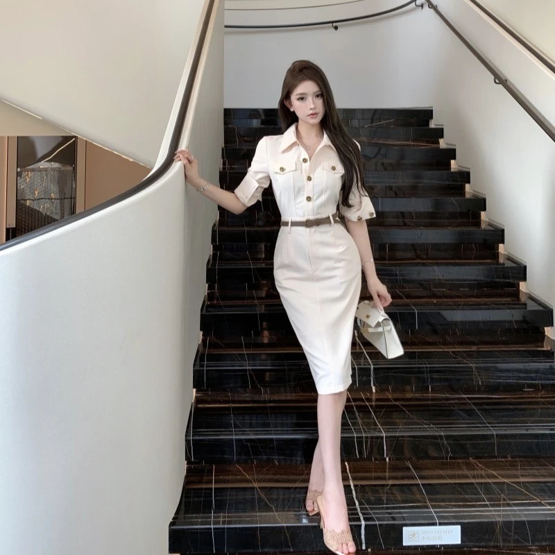 polo领长袖衬衫连衣裙女夏季复古气质收腰紧身中长款工装包臀裙子