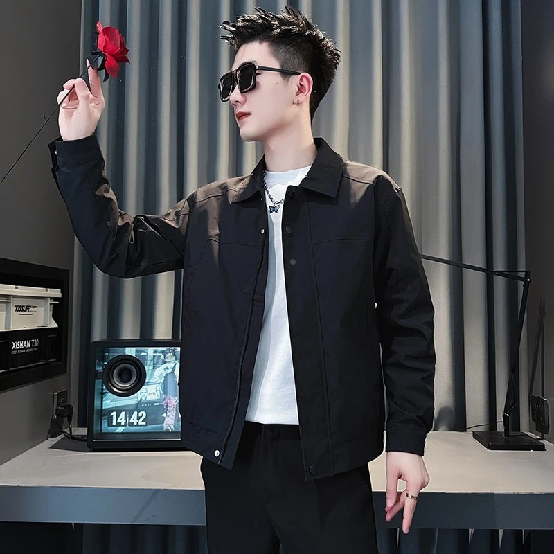 痞帅黑色外套男春秋季休闲短款上衣翻领夹克男装2025新款立领褂子