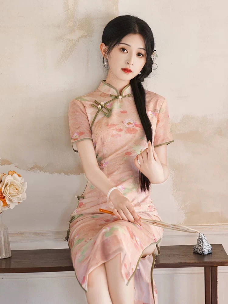 W-2976 露花倒影 国风新中式夏款年轻款改良旗袍