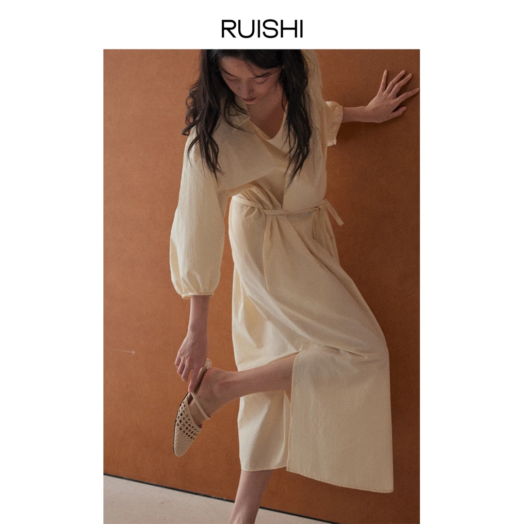 RUISHI芮时挺括荡领层次感显瘦收腰系带衬衫连衣裙女R25A131211