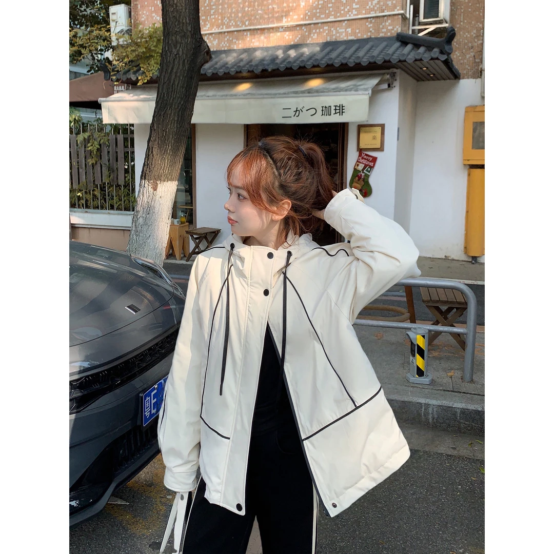【福利清仓NO退NO换】小个子春秋女时尚厚款加绒洋气白色冲锋衣外套