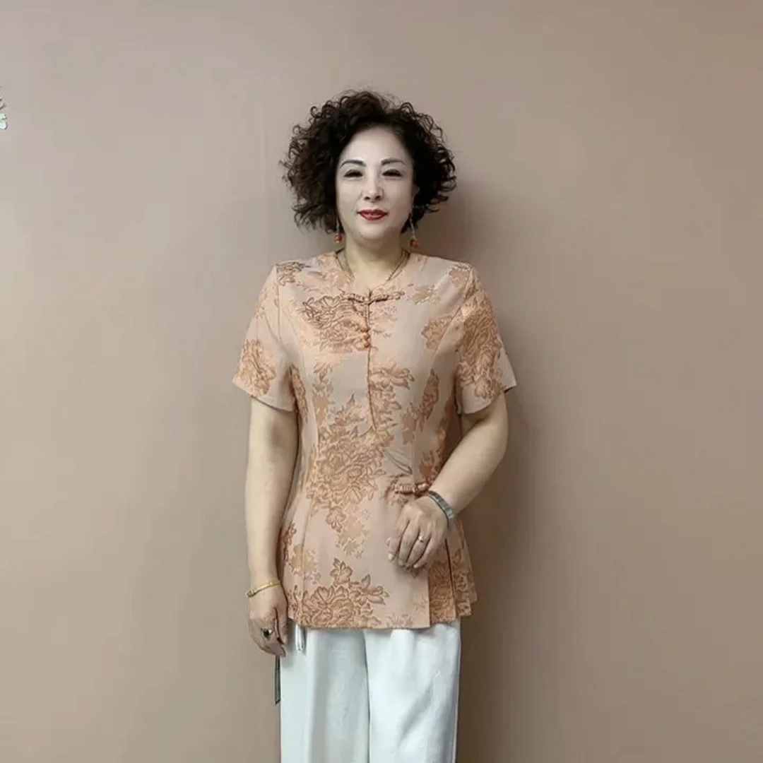 中式夏季国风时尚中老年妈妈装短袖旗袍衬衫宽松遮肉洋气上衣