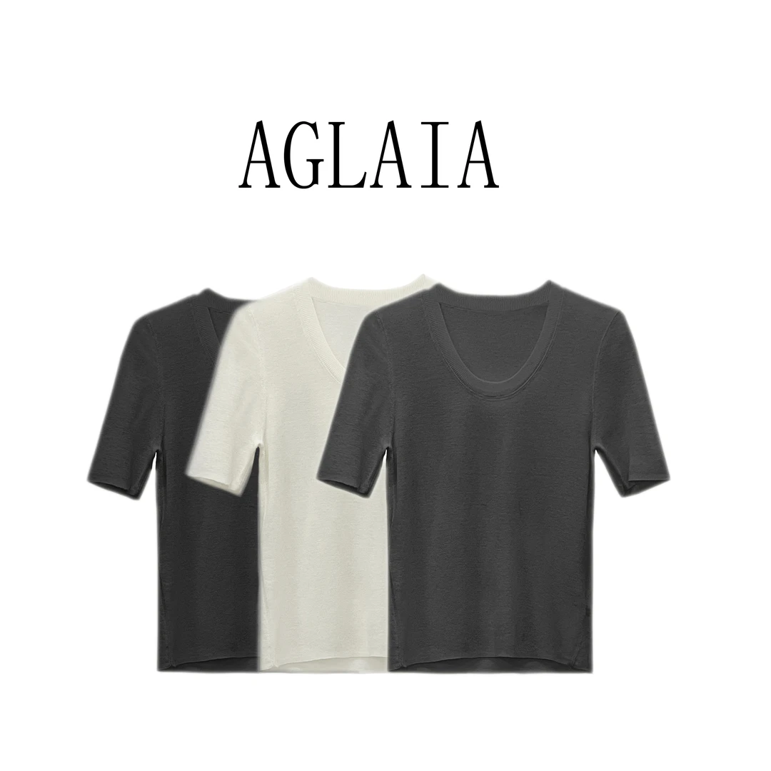 AGLAIA夏季2025新款极简静奢纯色U领短袖显瘦百搭针织衫T桖6012