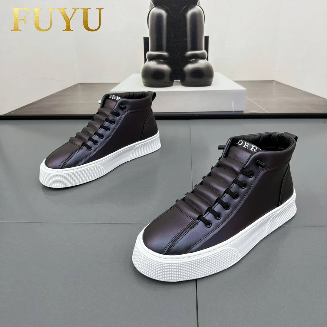 潮牌轻奢炫彩高帮休闲鞋男士秋冬时尚皮面休闲百搭运动懒人板鞋