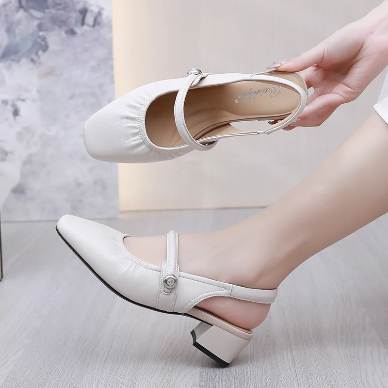 真皮包头凉鞋2025夏季百搭粗跟玛丽珍女鞋大码一字带后空软底单鞋