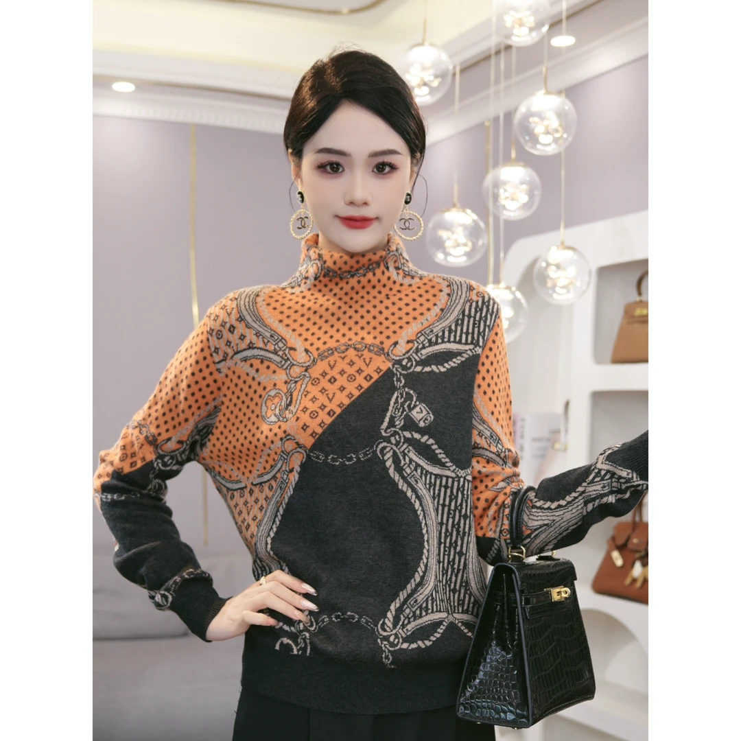 2026秋冬新款【8367】含绵羊毛网红时尚洋气桔色堆堆领针织衫毛衣