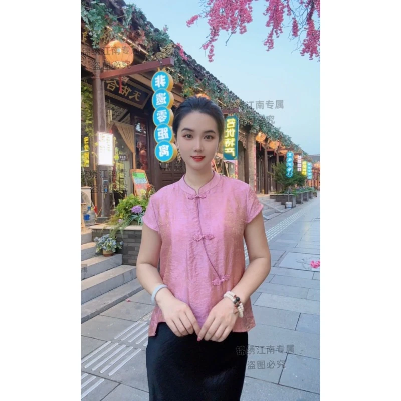 2025年新款新中式国风复古盘扣立领小飞袖上衣女宽松显瘦百搭小衫