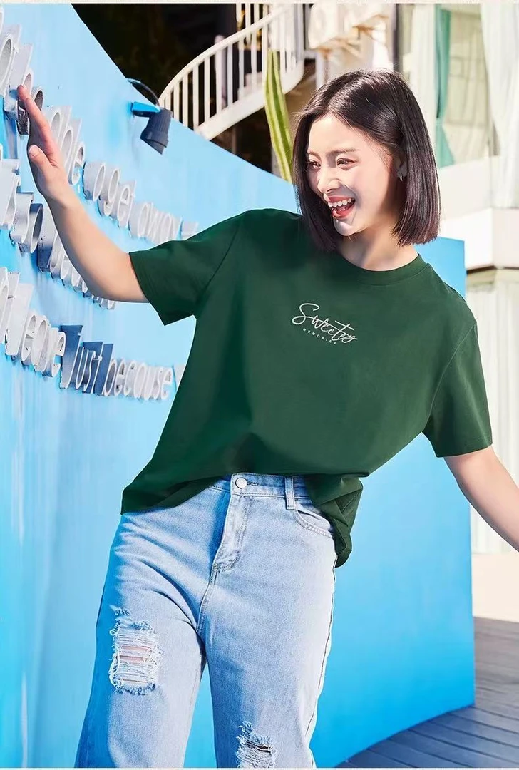 9579女士100%棉休闲短袖夏季宽松纯棉半袖时尚百搭圆领纯色简约