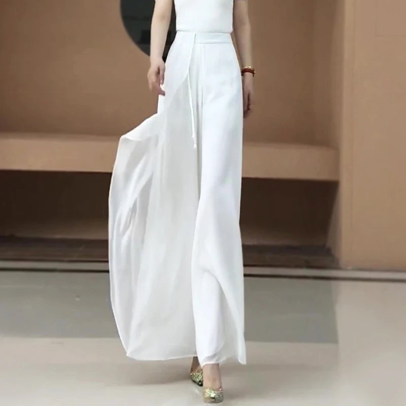 2025年夏季新款拼纱飘逸阔腿裤裙裤新中式设计感雪纺裤舞裤长裤女