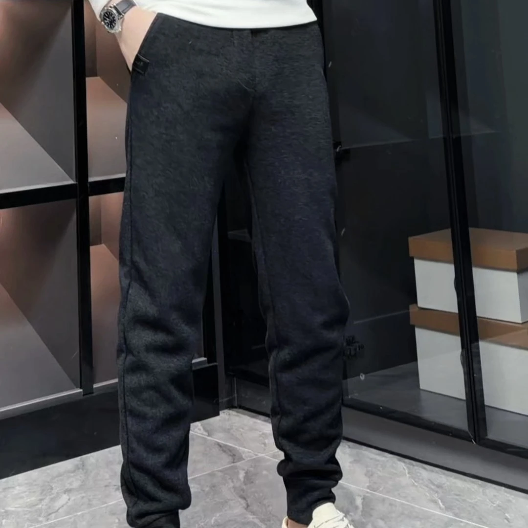 男士冬季加厚直筒休闲裤时尚修身微弹力保暖商务长裤子轻奢黑色