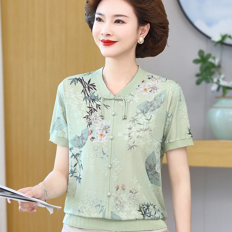 妈妈夏装新中式短袖T恤衫薄洋气中老年女夏季圆领国风冰丝小衫