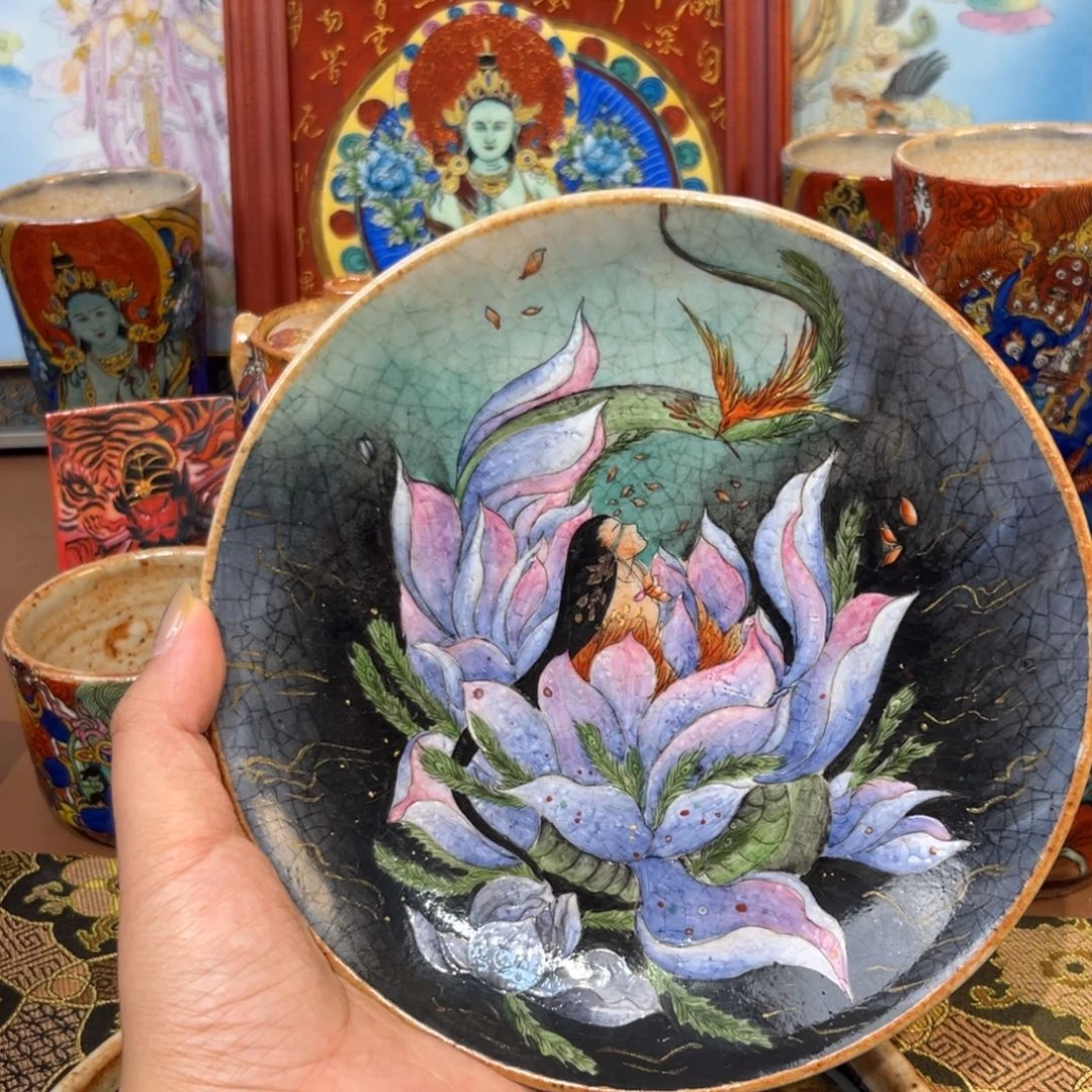 手工手绘蛇身人面神茶盘