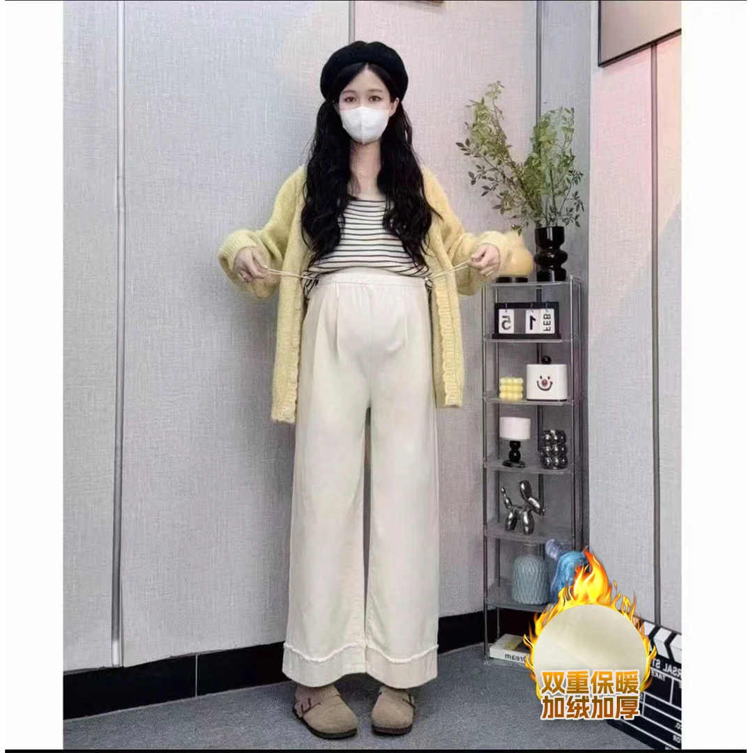 孕妇裤冬季加绒加厚牛仔裤冬天外穿显瘦时尚毛边设计感垂感阔腿裤