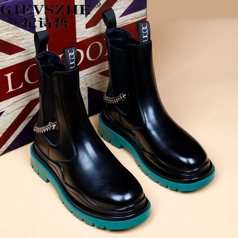 纪诗哲网红绿底马丁靴男英伦真皮套筒短靴厚底男款厚底增高马丁靴