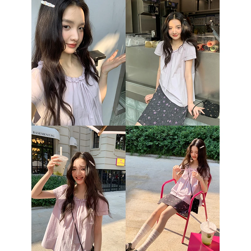 觅定木耳边圆领紫色轻薄短袖衬衫设计感小衫法式宽松上衣WS53920