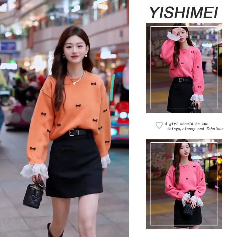 早秋时尚穿搭2025年新款拼接蕾丝长袖圆领针织上衣高腰短裙两件套