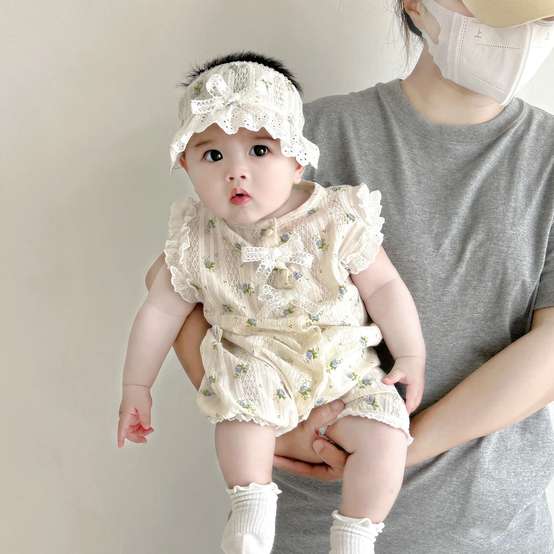 夏季蕾丝印花连体宝宝提花棉透气婴儿短爬婴童无袖衣服Z1264