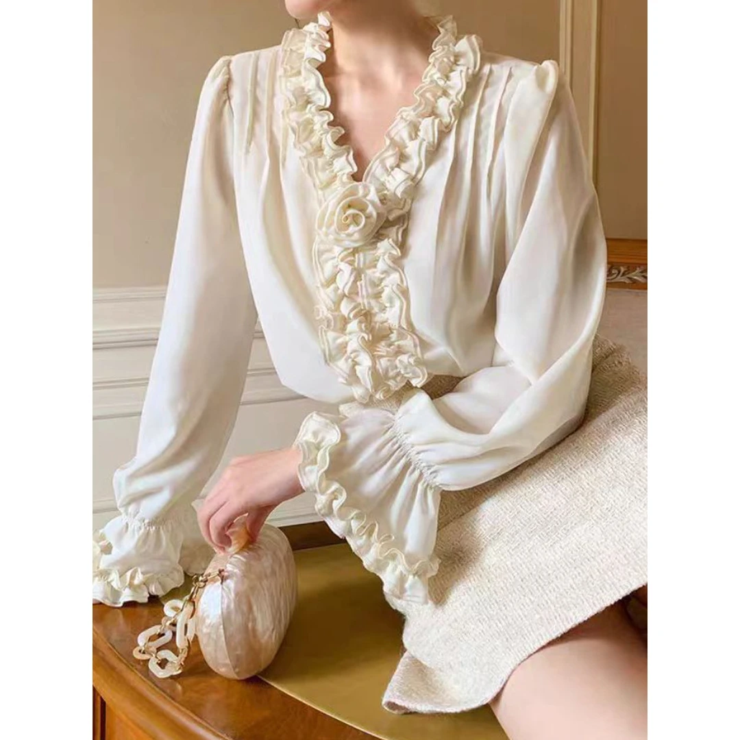 法式重工木耳花边玫瑰衬衣衬衫洋气女设计感小众宽松垂感长袖上衣