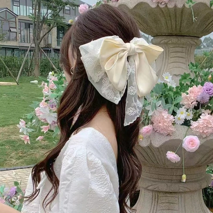 0304陆缎面蕾丝大蝴蝶结不对称设计感头饰高马尾发夹