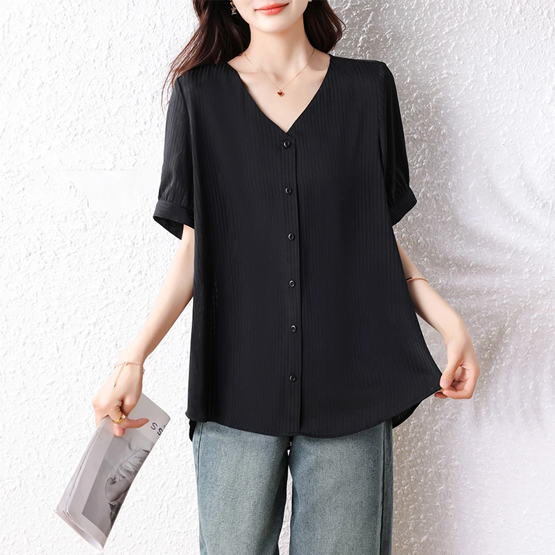 【女神新衣】2025新款条纹V领时尚显瘦宽松短袖衬衫大码胖mm上衣