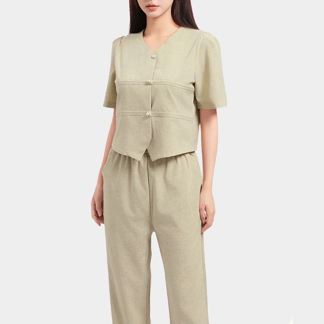 夏季新品！女士时尚V领短袖减龄直筒休闲裤套装F804