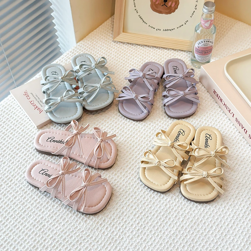 ABC韩版甜美蝴蝶结女童凉拖鞋2025夏季儿童洋气公主一字拖沙滩鞋
