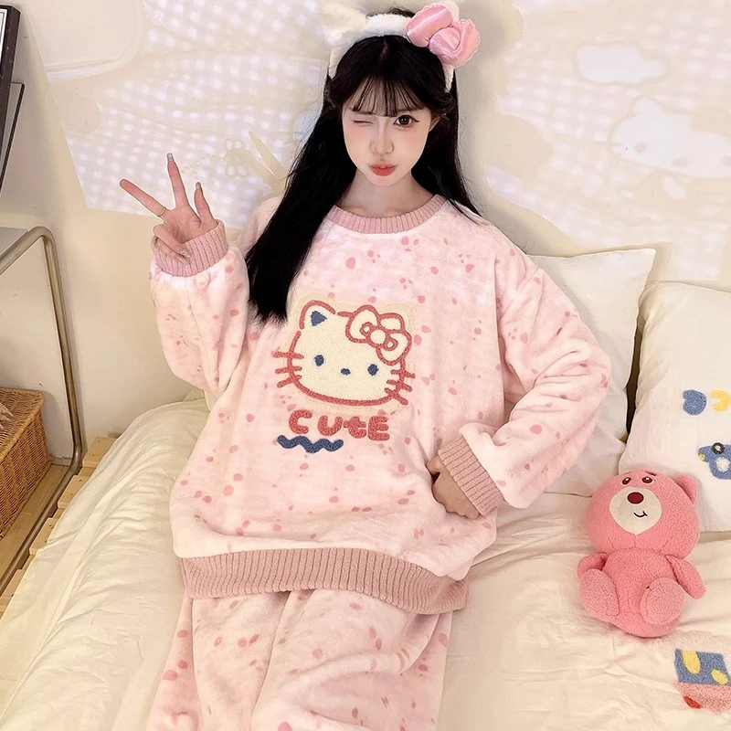 卡通凯蒂猫睡衣女士冬季珊瑚绒法兰绒加厚保暖可爱学生家居服套装
